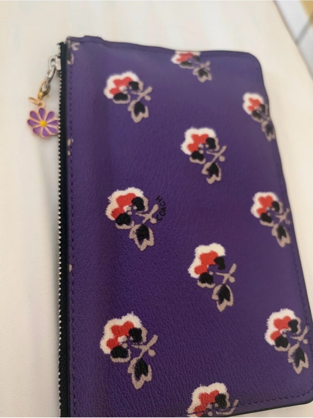 Coach Purple Floral Zip Pouch with Gold Logo & Charm - Picture 2 of 9
